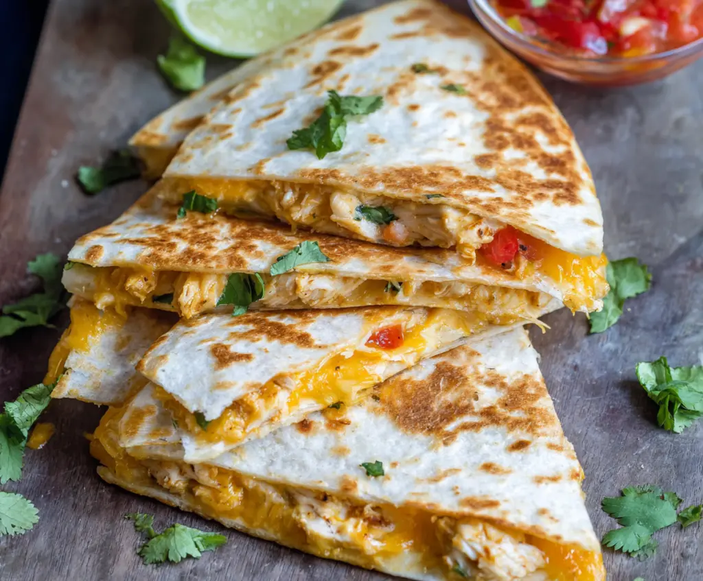 Delicious cheesy chicken quesadillas filled with melted cheese and tender chicken, perfect for a quick snack or meal.