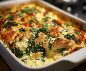 Delicious Chicken and Spinach Casserole served hot in a baking dish, perfect for a healthy dinner.
