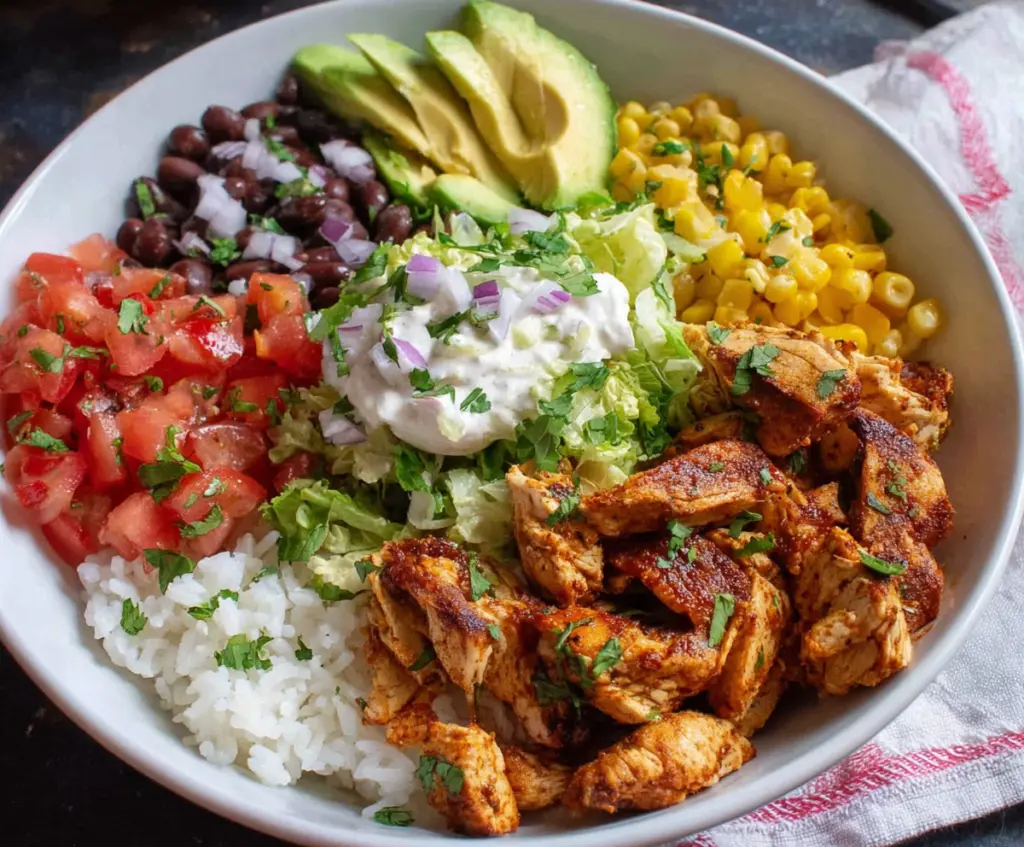 Delicious chicken burrito bowls packed with fresh vegetables and flavorful seasonings.