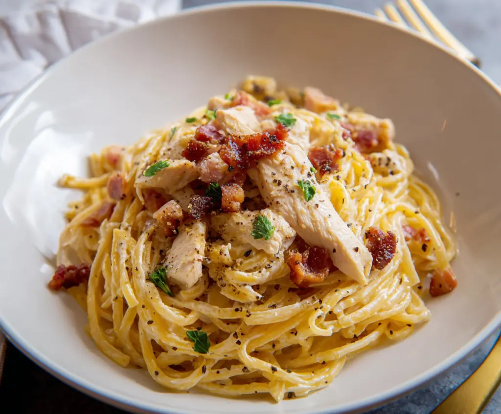 Delicious chicken carbonara pasta dish with creamy sauce and crispy bacon