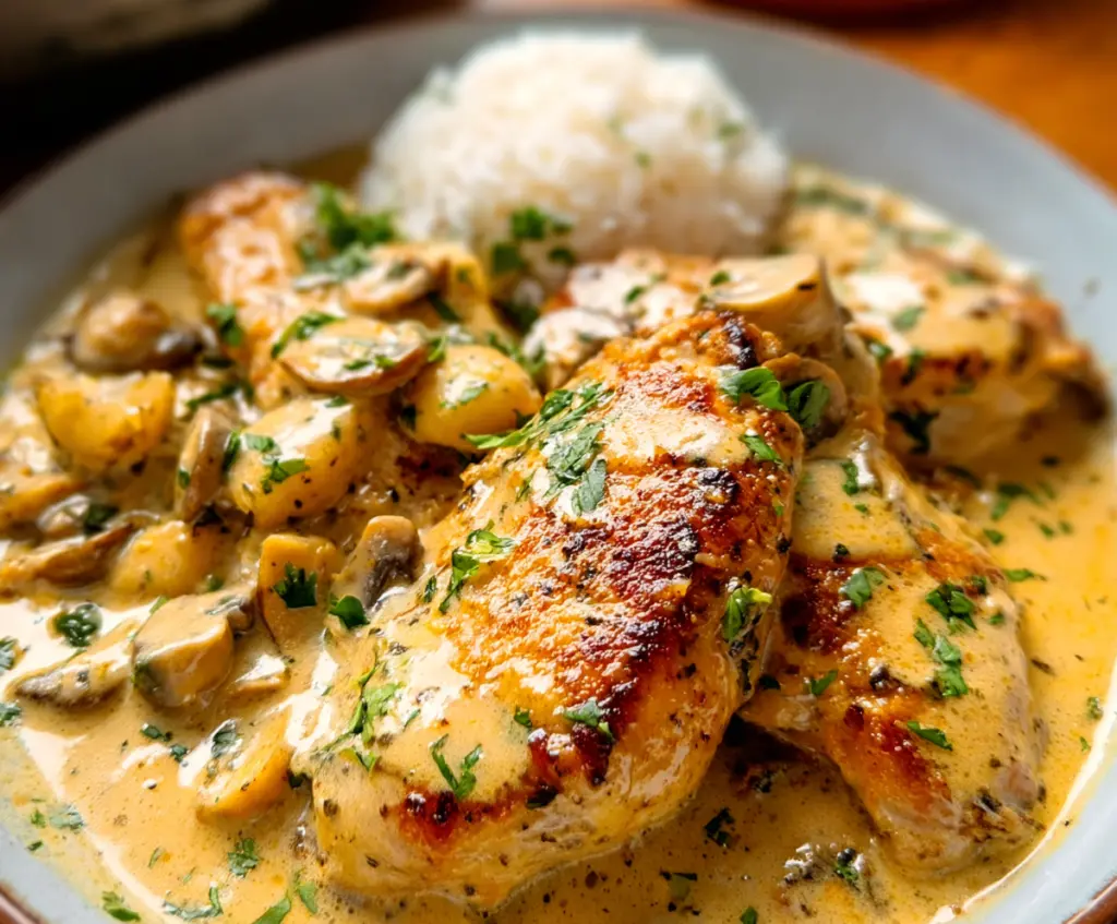 Savory Chicken Diane dish featuring tender chicken breasts topped with a flavorful pan sauce and fresh herbs.