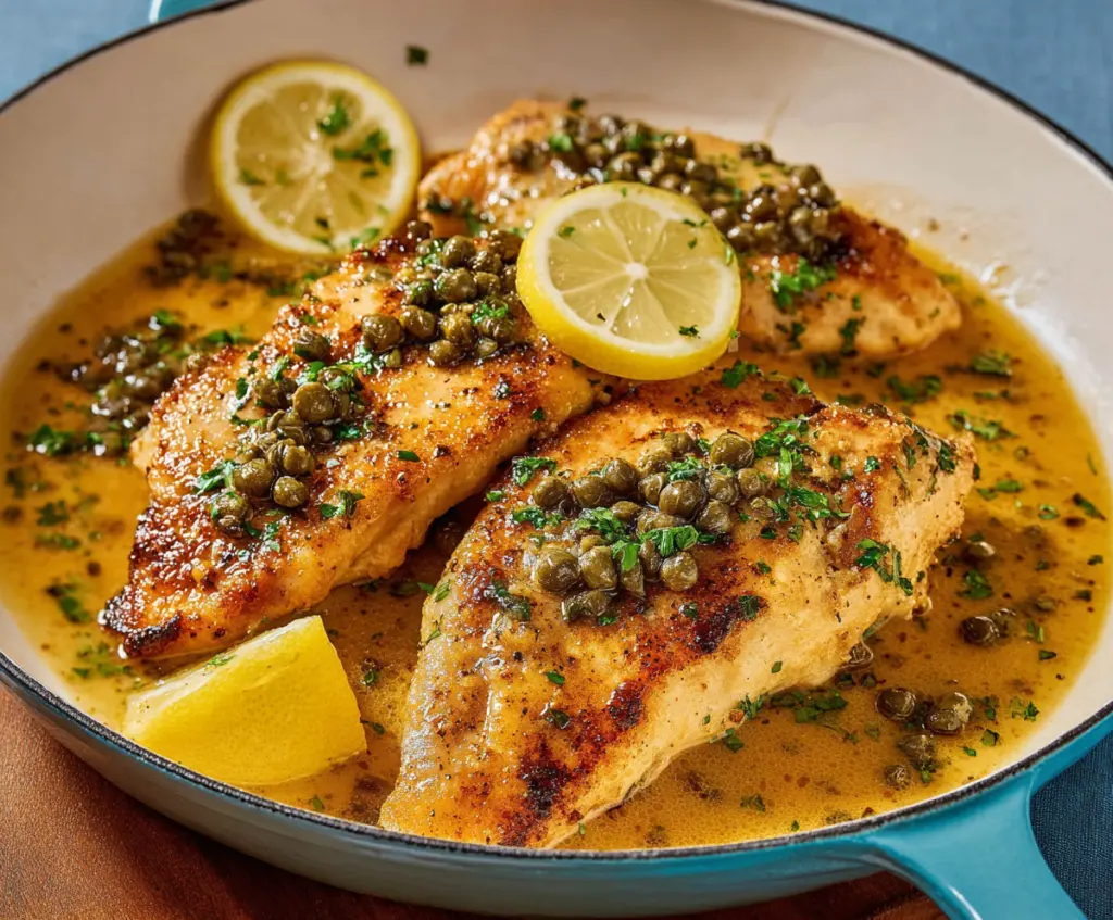Juicy Chicken Piccata served with lemon and capers on a white plate.