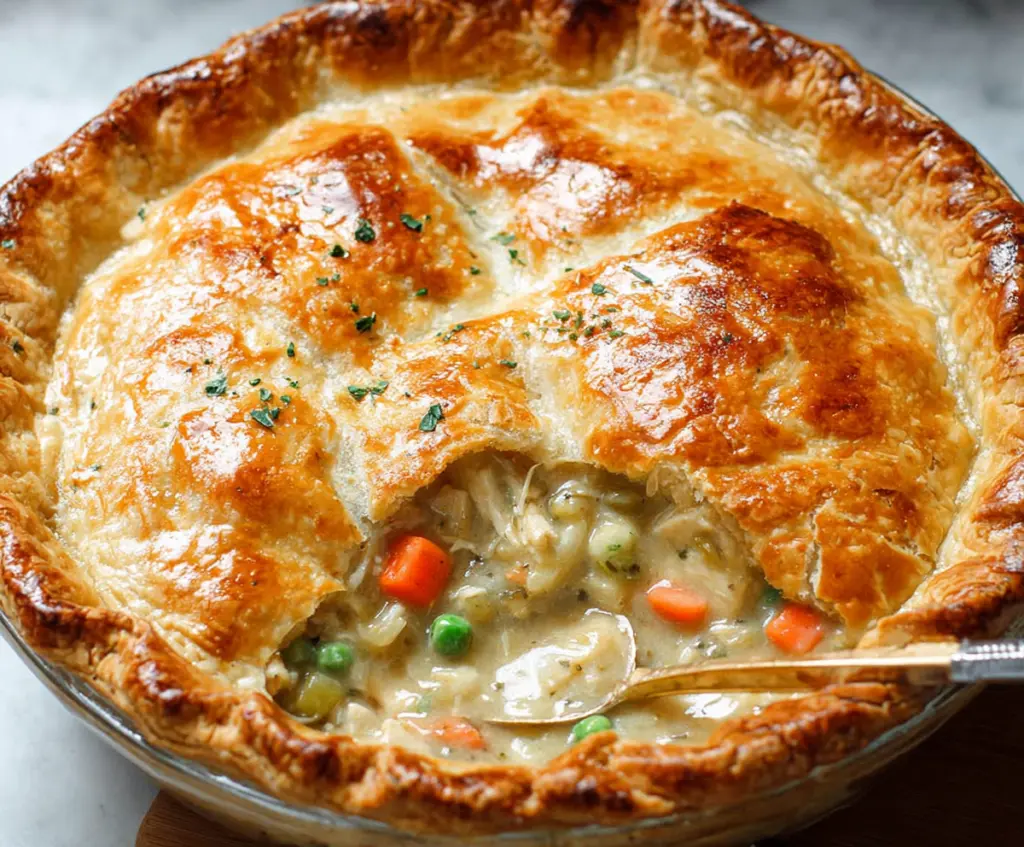 Delicious homemade chicken pot pie with golden crust and tender chicken filling served in a rustic dish.