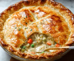 Delicious homemade chicken pot pie with golden crust and tender chicken filling served in a rustic dish.