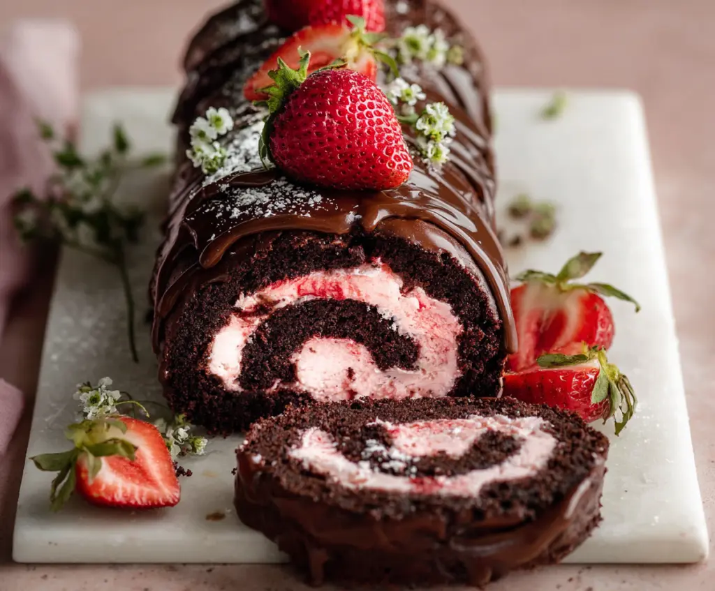 Delicious chocolate rolls topped with strawberry cream cheese frosting, perfect for dessert or a sweet treat.