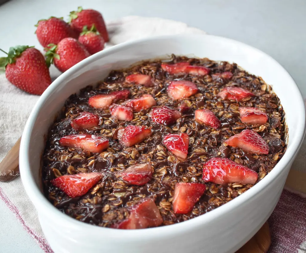 Delicious chocolate strawberry baked oatmeal served in a bowl, topped with fresh strawberries and cocoa powder.
