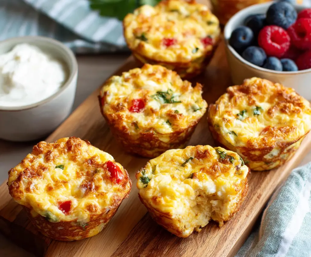 Healthy cottage cheese breakfast muffins with fresh herbs served in a baking dish.