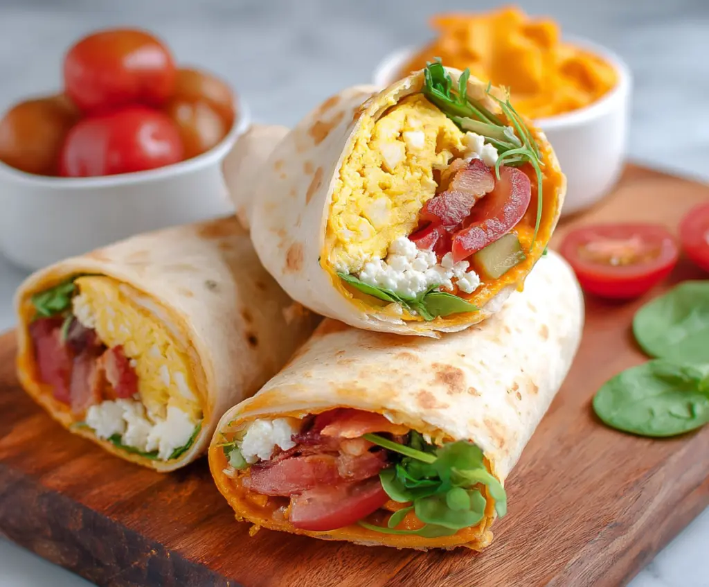 Healthy cottage cheese breakfast wrap with fresh vegetables and whole wheat tortilla.