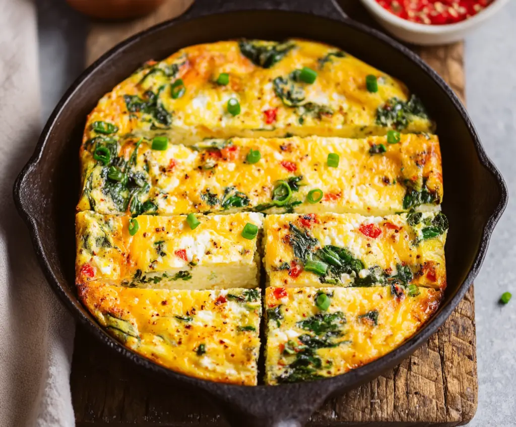 Delicious cottage cheese and egg bake in a baking dish, ready to serve for breakfast or brunch.