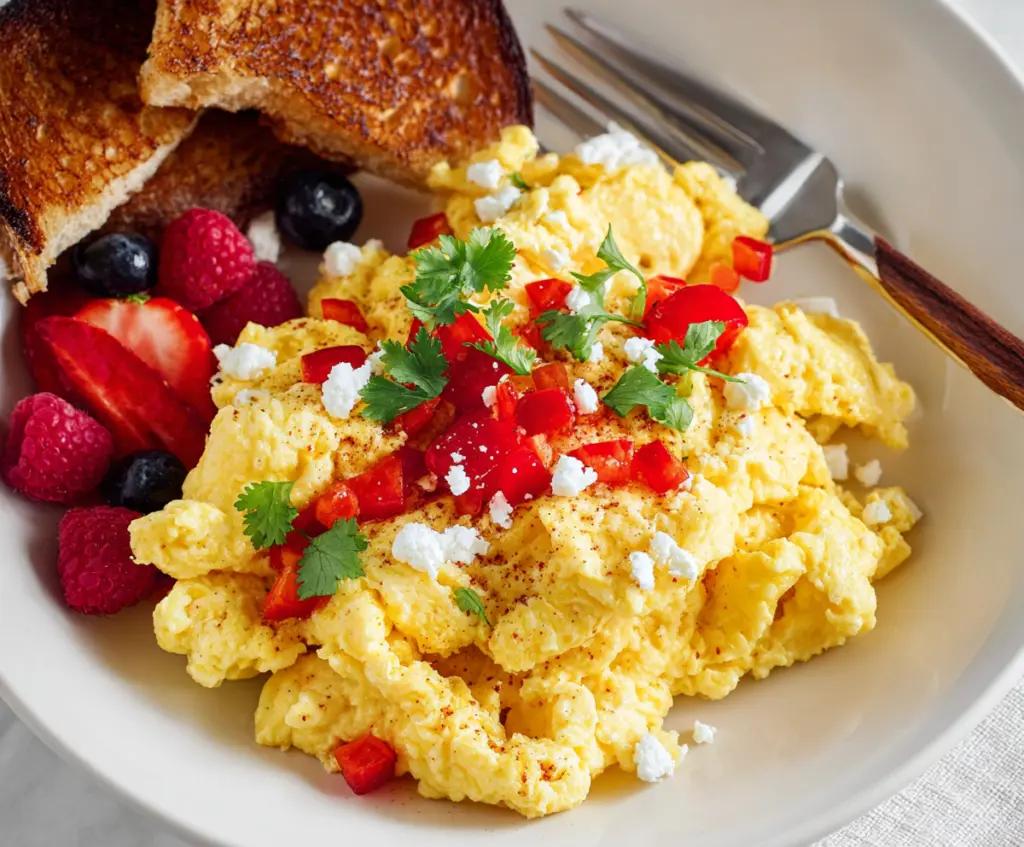 Healthy cottage cheese scrambled eggs in a bowl with fresh herbs