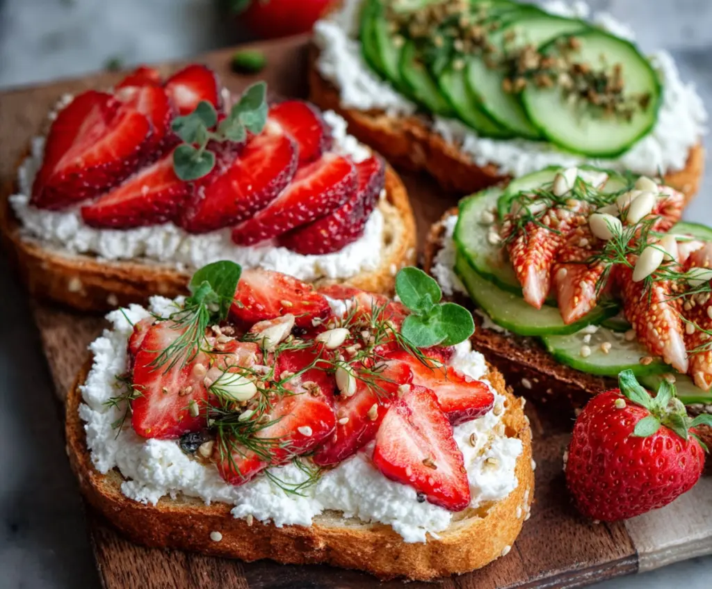 Healthy cottage cheese toast spread topped with fresh herbs for a nutritious breakfast