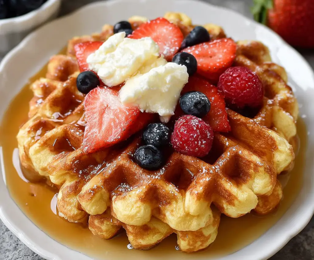 Delicious crispy cottage cheese waffles served with fresh berries and syrup.