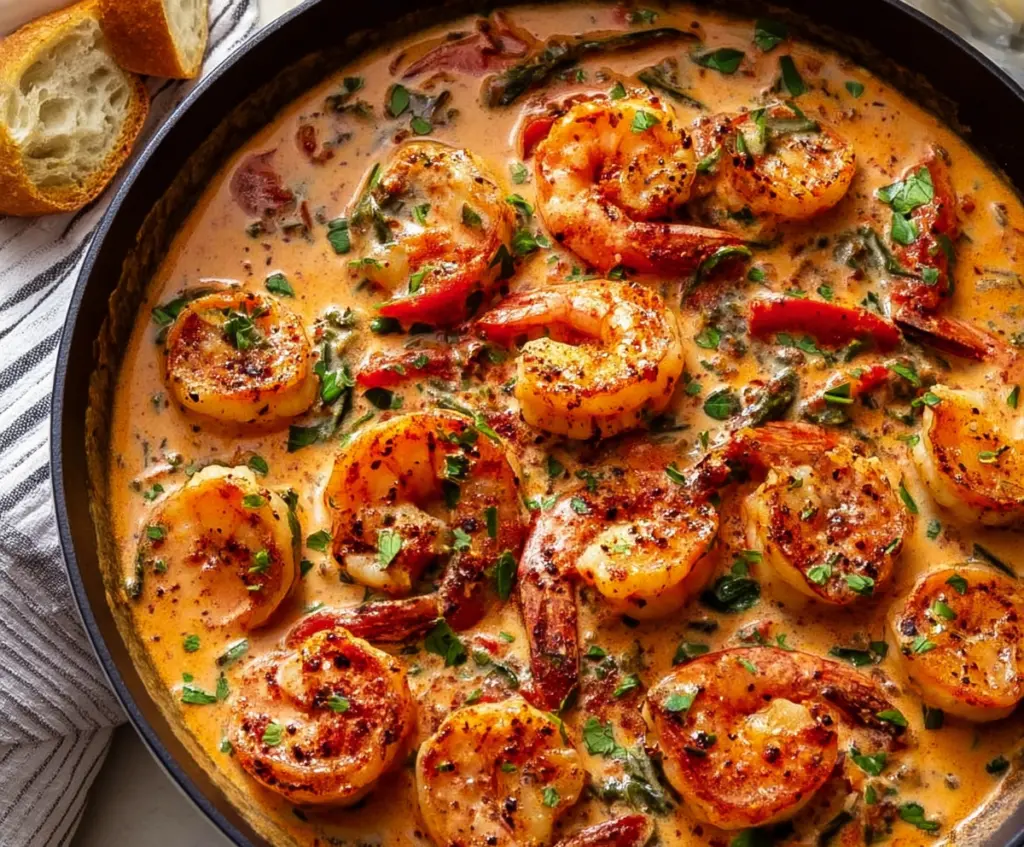 Creamy Garlic-Paprika Shrimp Skillet served in a skillet with fresh herbs and lemon slices.
