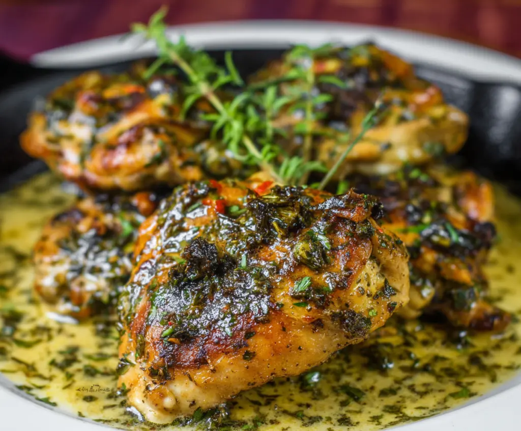 Delicious creamy herb chicken served with fresh herbs and vegetables on a white plate.