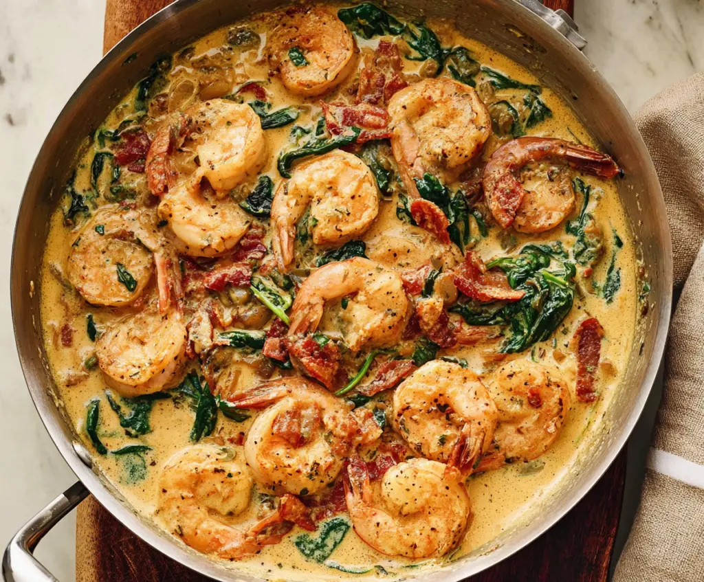 Creamy Tuscan Shrimp with garlic, spinach, and sun-dried tomatoes in a rich sauce served on a plate.
