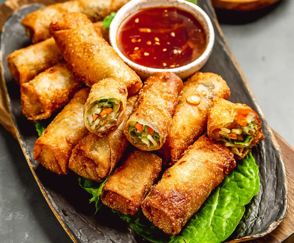 Crispy spring rolls served with dipping sauce on a plate, perfect appetizer for gatherings.