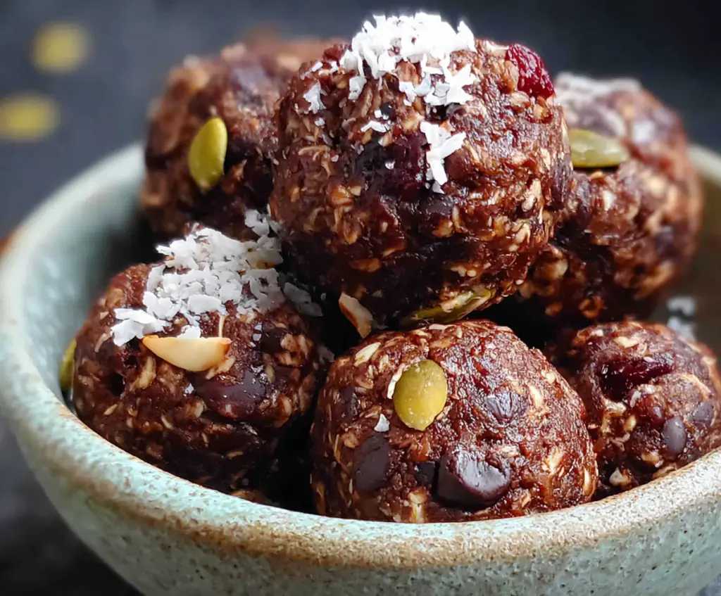 Healthy dark chocolate energy bites with nuts and chia seeds for a nutritious snack