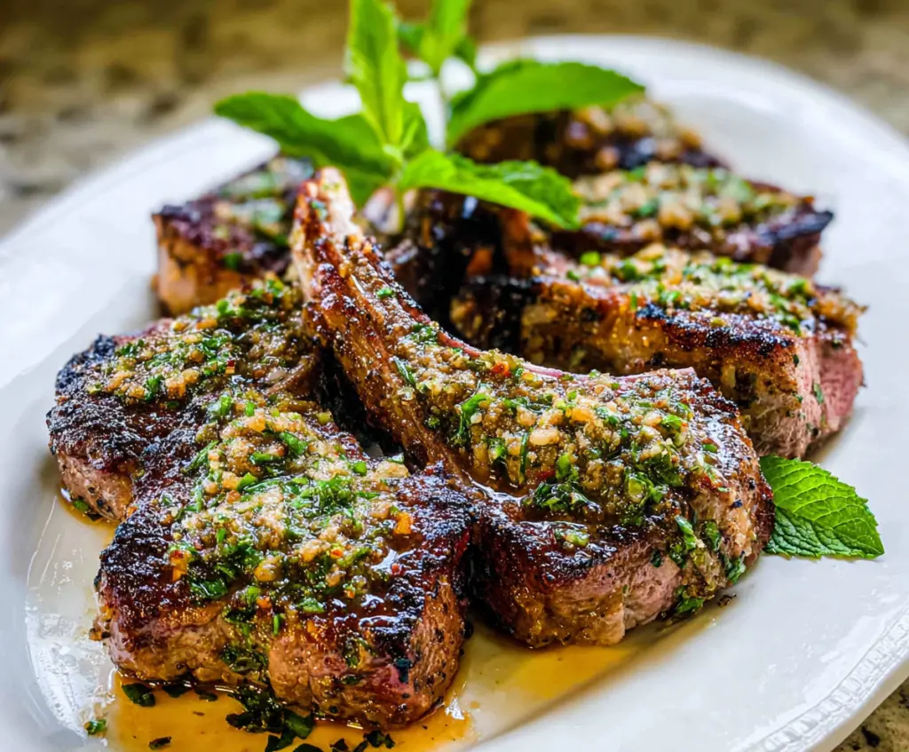 Juicy garlic and herb crusted lamb chops served with fresh herbs and vegetables.