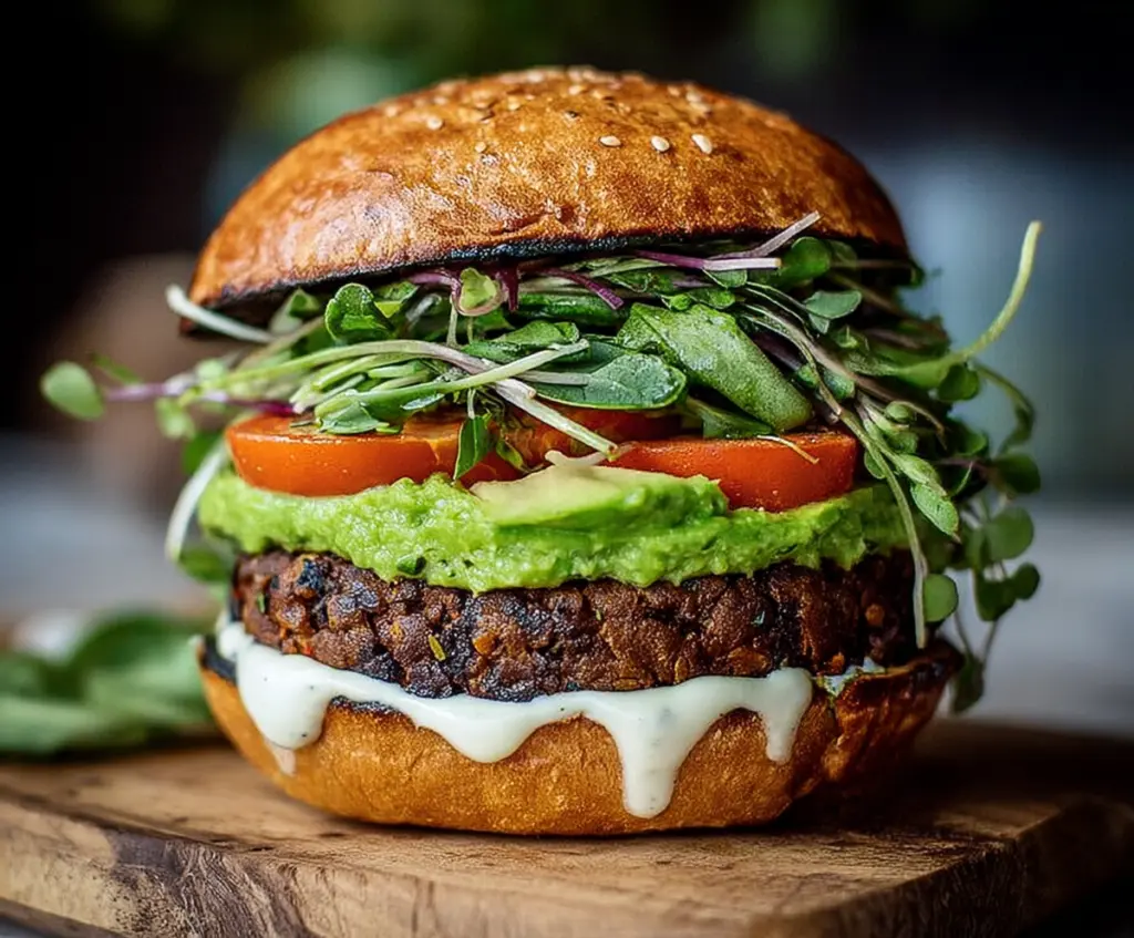 Fresh Green Goddess Black Bean Burger topped with lettuce and avocado on whole wheat bun