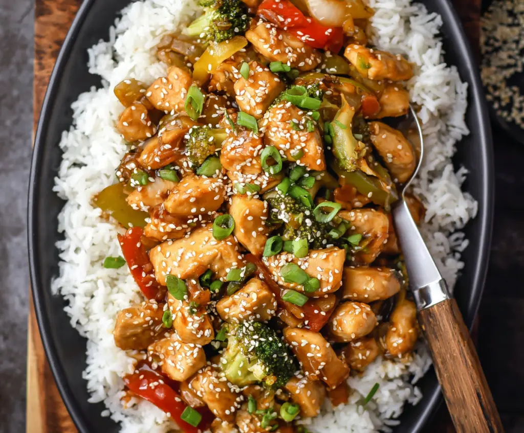Delicious healthy sesame chicken served on a plate, garnished with sesame seeds and fresh vegetables.
