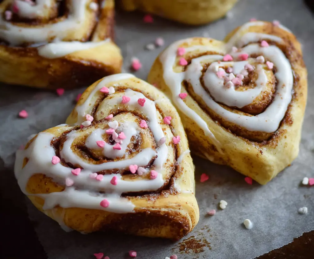 Delicious heart-shaped cinnamon rolls glazed with icing for a sweet breakfast treat.