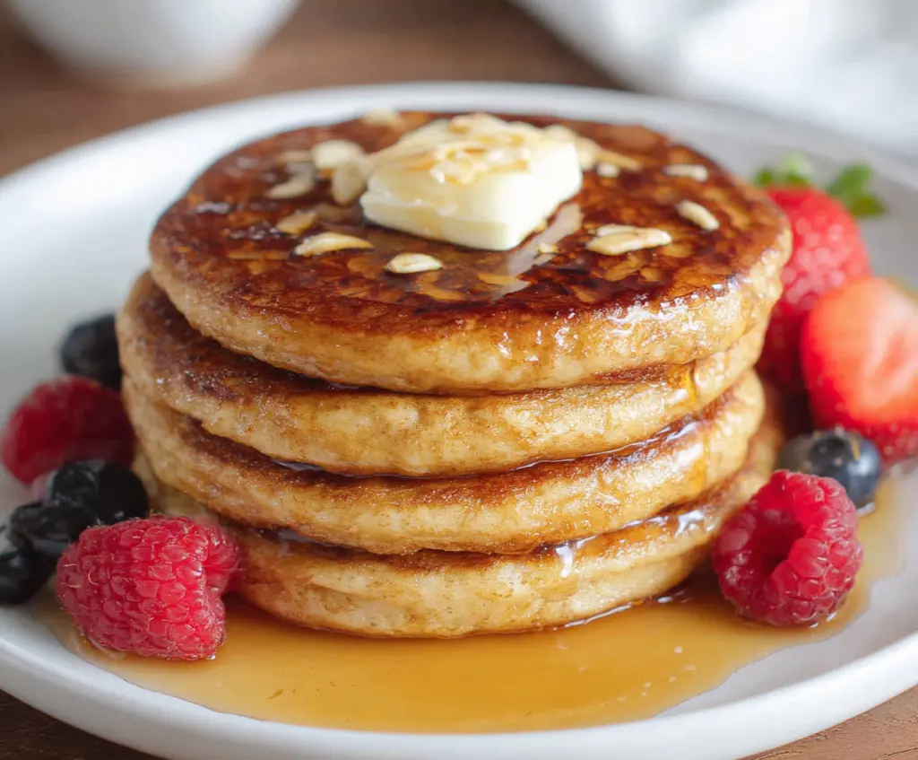 Delicious high-protein cottage cheese pancakes topped with fresh berries and maple syrup, perfect for a healthy breakfast.