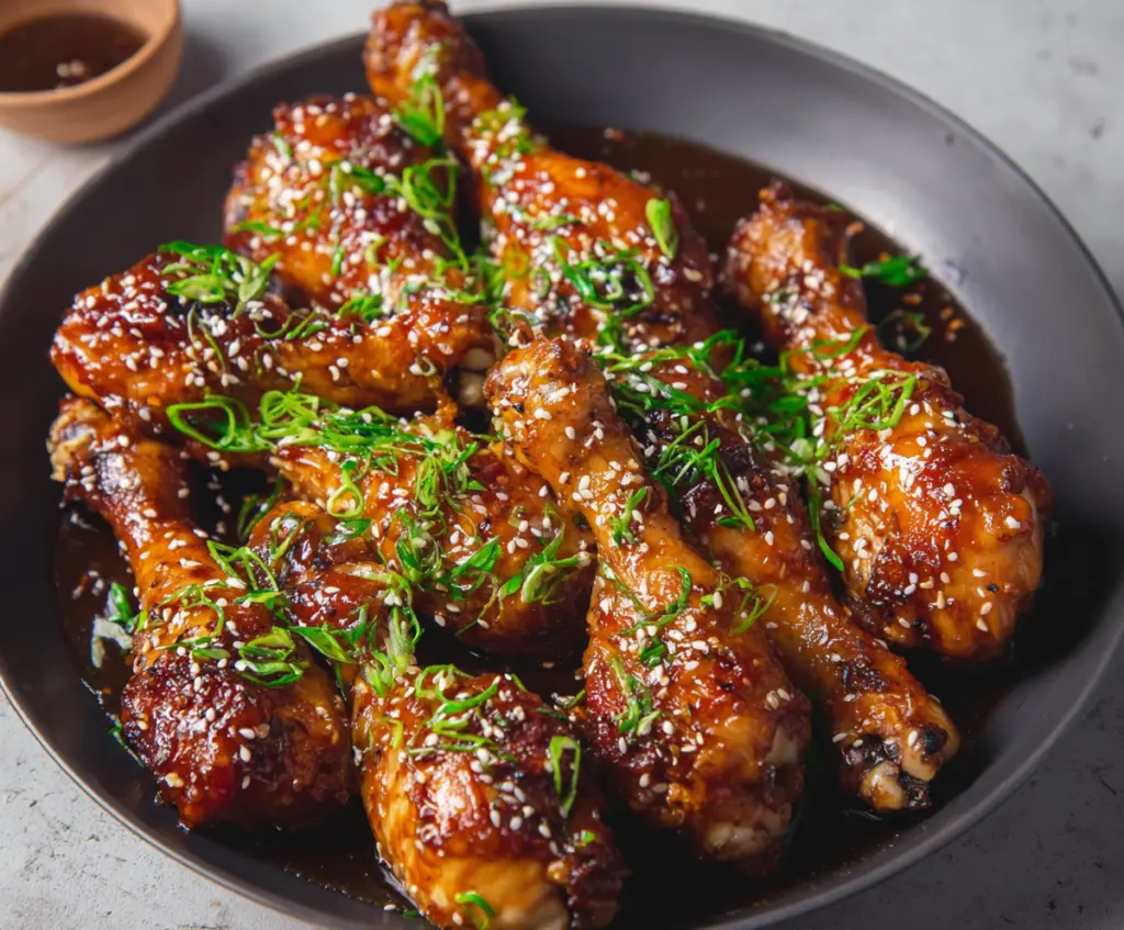 Juicy honey soy glazed chicken drumsticks on a plate with fresh herbs