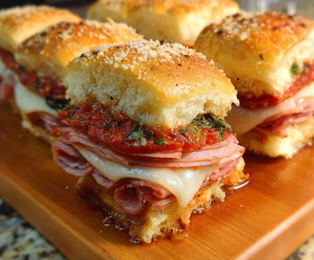Delicious Hot Italian Sub Sliders with melted cheese, savory meats, and fresh toppings ready to serve.