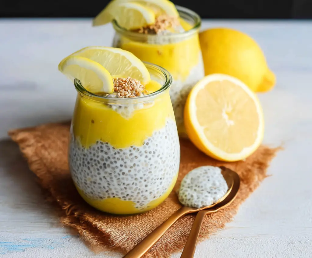 Delicious Lemon Cream Chia Pudding topped with fresh lemon slices and mint leaves.