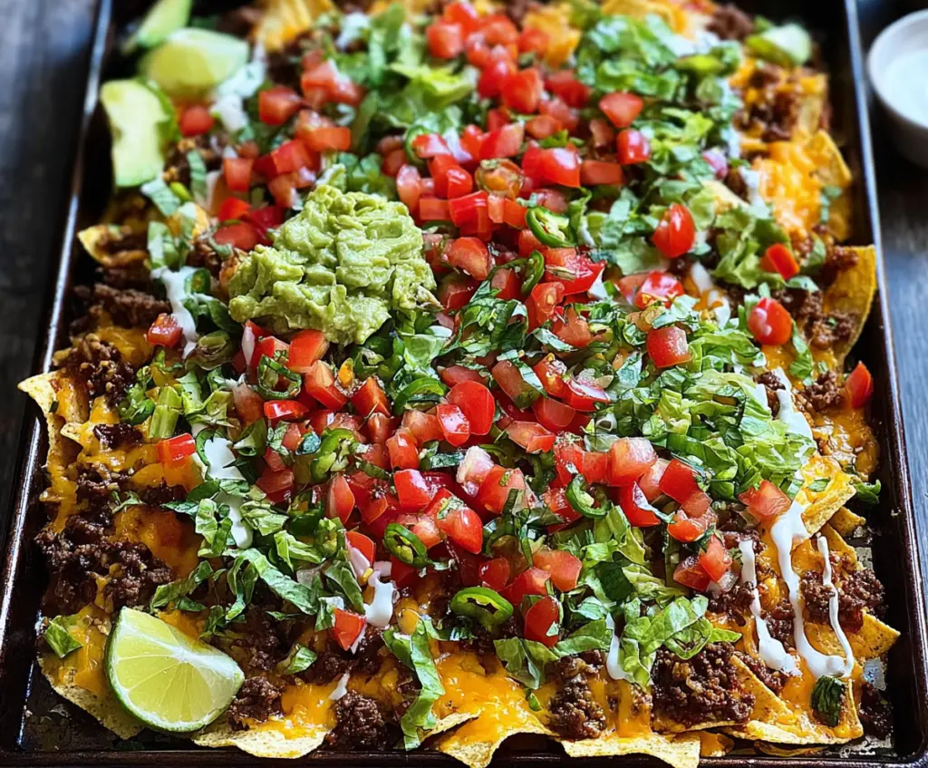 Loaded sheet pan nachos topped with melted cheese, jalapenos, sour cream, and fresh jalapenos ready to serve as a delicious appetizer.