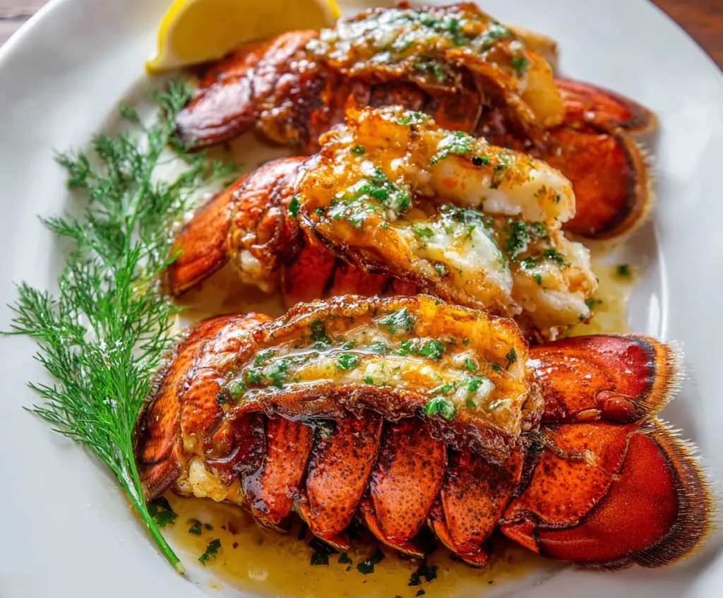 Delicious lobster tail drizzled with rich garlic butter served on a plate.