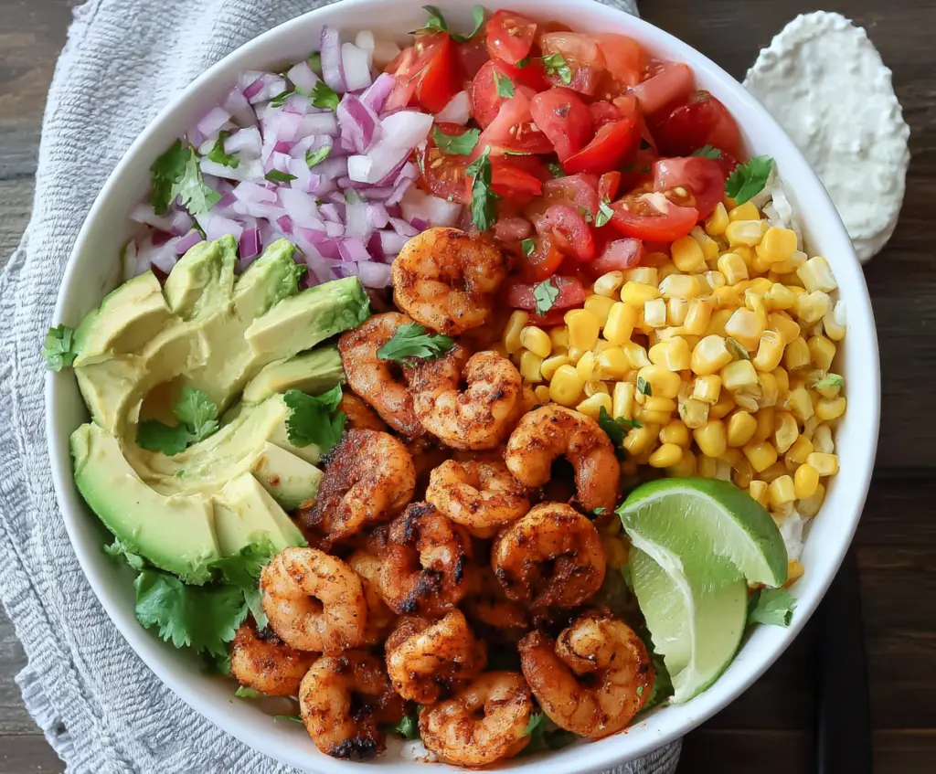Colorful Mexican Shrimp Bowls with fresh vegetables and vibrant spices, perfect for a quick, healthy meal.