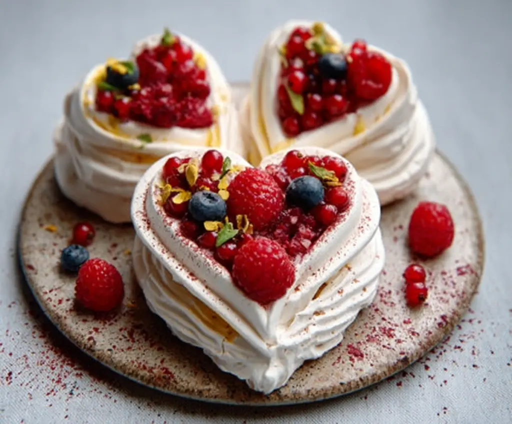 Delicious mini heart-shaped Pavlovas topped with fresh berries and whipped cream, perfect for romantic desserts.