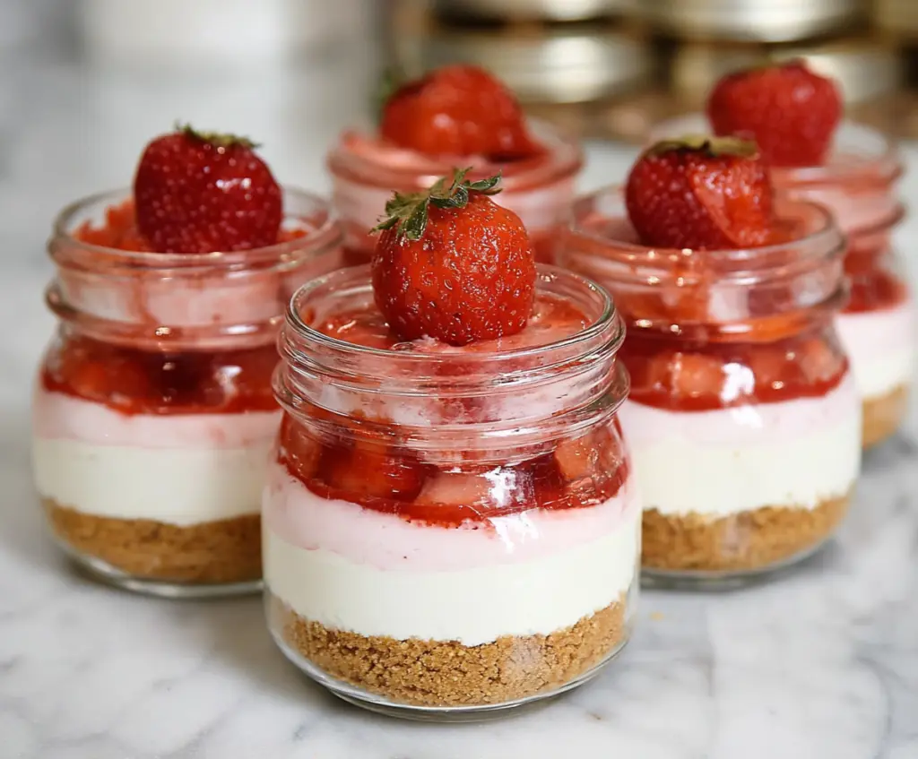Delicious no-bake strawberry cheesecake jars with fresh strawberries and creamy filling
