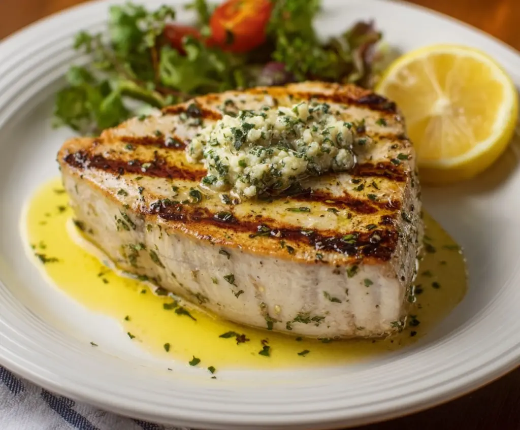 Delicious oven-baked swordfish fillet topped with lemon butter sauce on aplate.