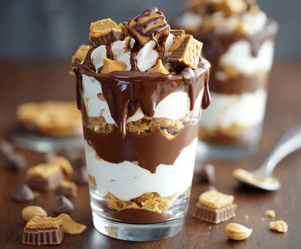 Delicious peanut butter cup parfait layered with creamy peanut butter, chocolate, and whipped topping for a tasty dessert.