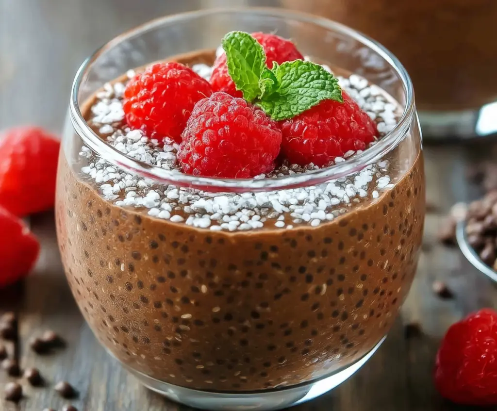 Delicious protein chocolate chia pudding served in a clear glass bowl, topped with fresh berries and a sprinkle of chia seeds.