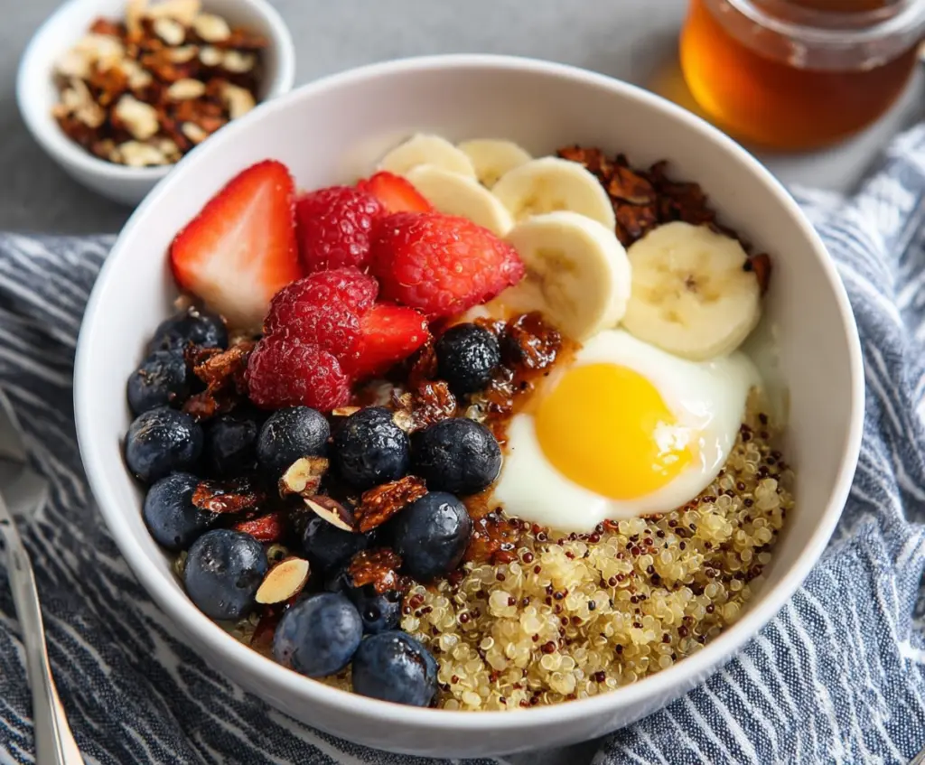 Healthy quinoa breakfast bowls topped with fresh fruits and nuts for a nutritious start to your day