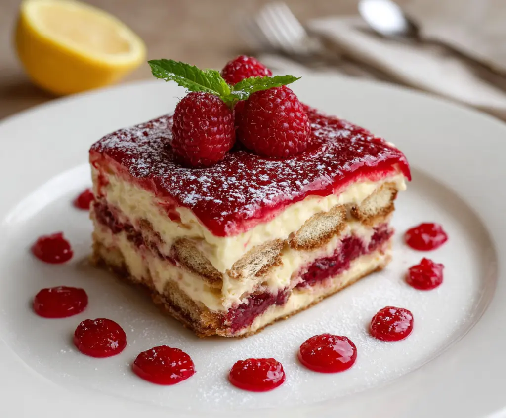 Delicious Raspberry Tiramisu dessert with fresh raspberries and creamy mascarpone layers.