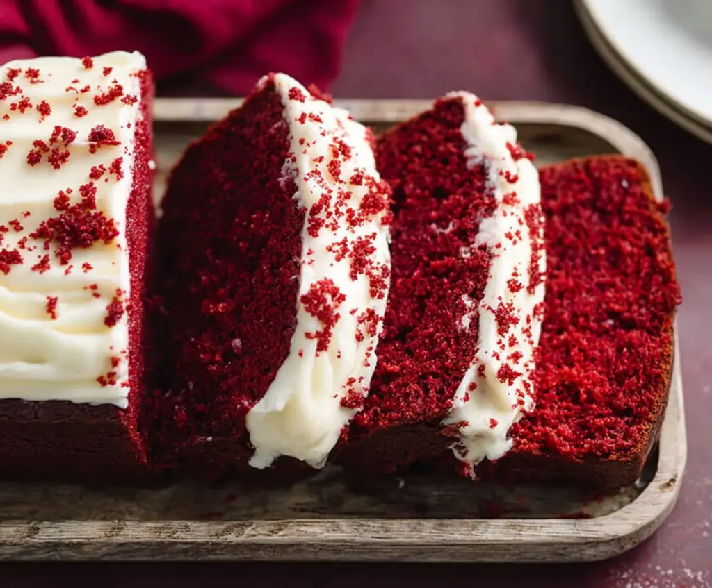 Delicious Red Velvet Loaf Cake with creamy frosting on a decorative platter