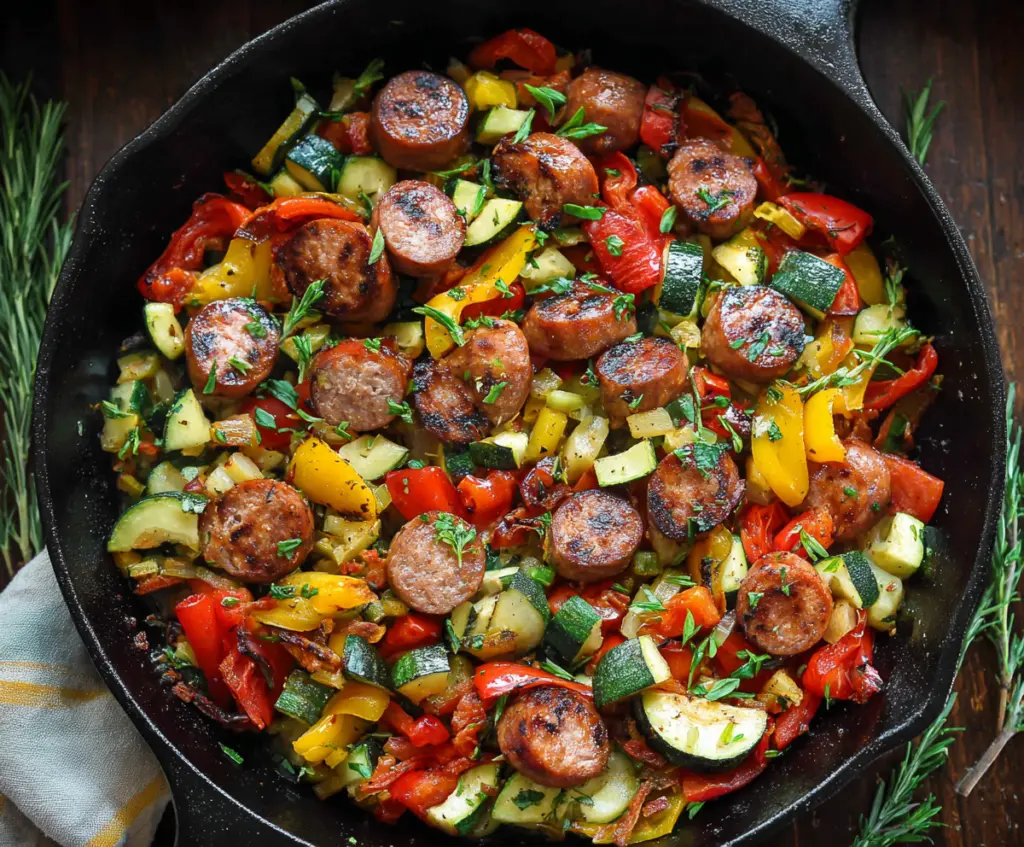 Delicious sausage and mixed vegetable skillet perfect for a quick and healthy meal.