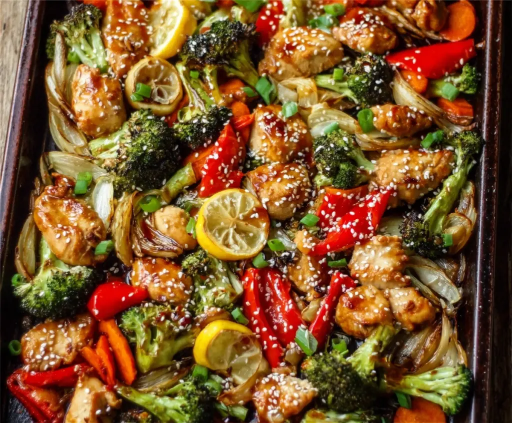 Delicious sheet pan sesame chicken with colorful vegetables, perfect for a quick healthy meal