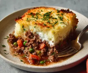 Classic Shepherd’s Pie with seasoned ground beef, topped with creamy mashed potatoes and baked to perfection.