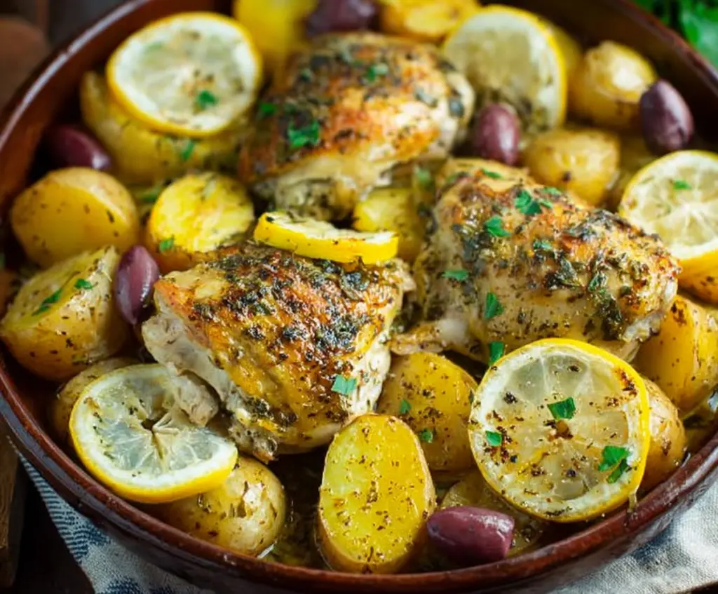 Delicious Slow Cooker Greek Lemon Chicken with Potatoes served on a plate