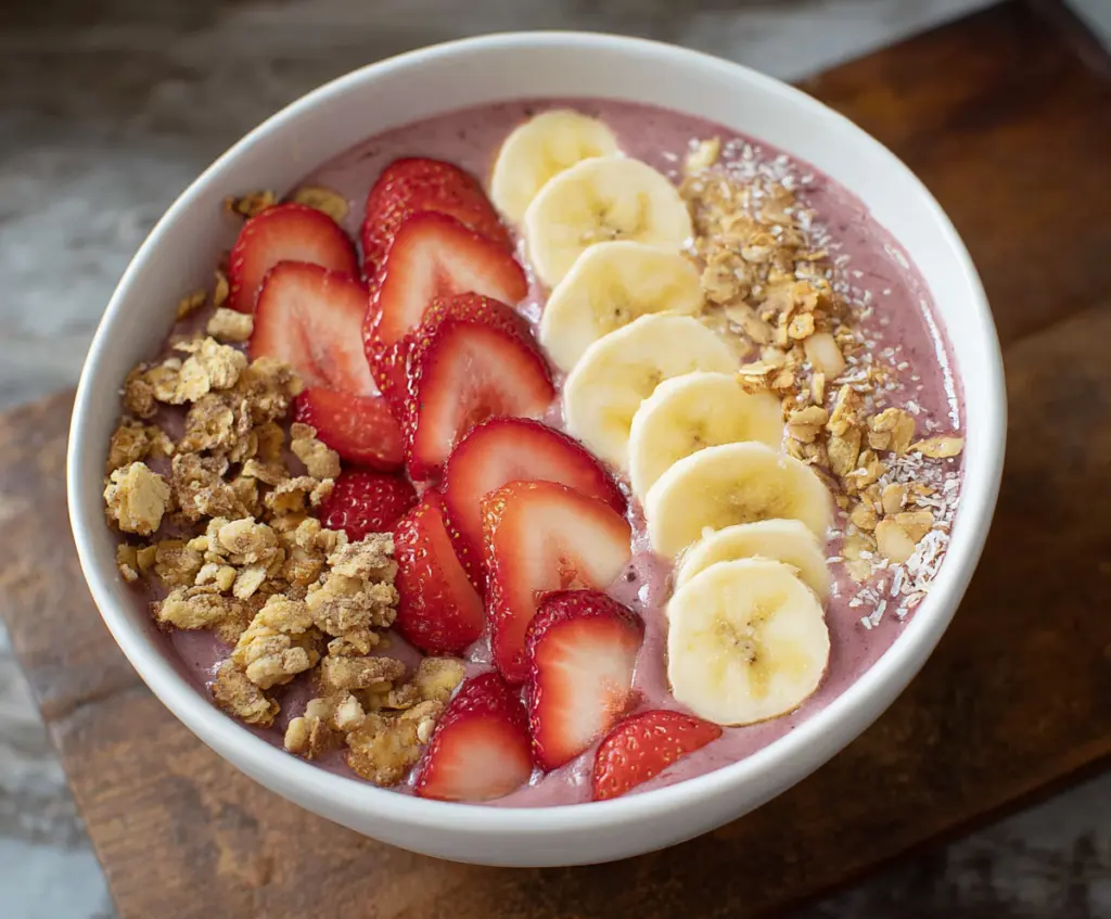 Delicious strawberry banana smoothie bowl topped with fresh fruit and granola.