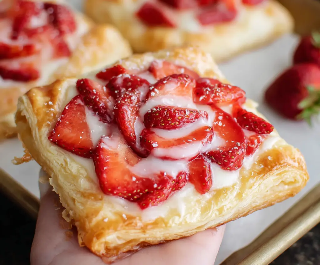 Delicious strawberry cream cheese danishes with flaky pastry and fresh strawberries on top.