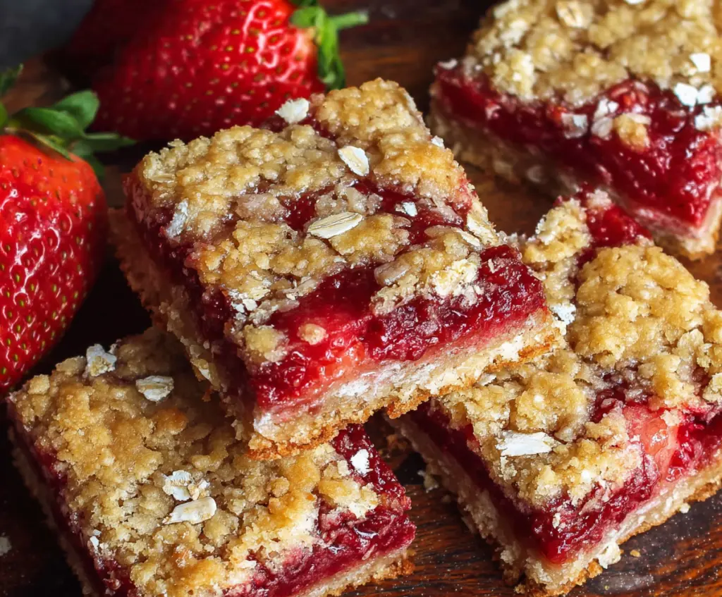 Delicious homemade strawberry oatmeal bars on a wooden table, showcasing fresh strawberries and a crumbly oat topping.