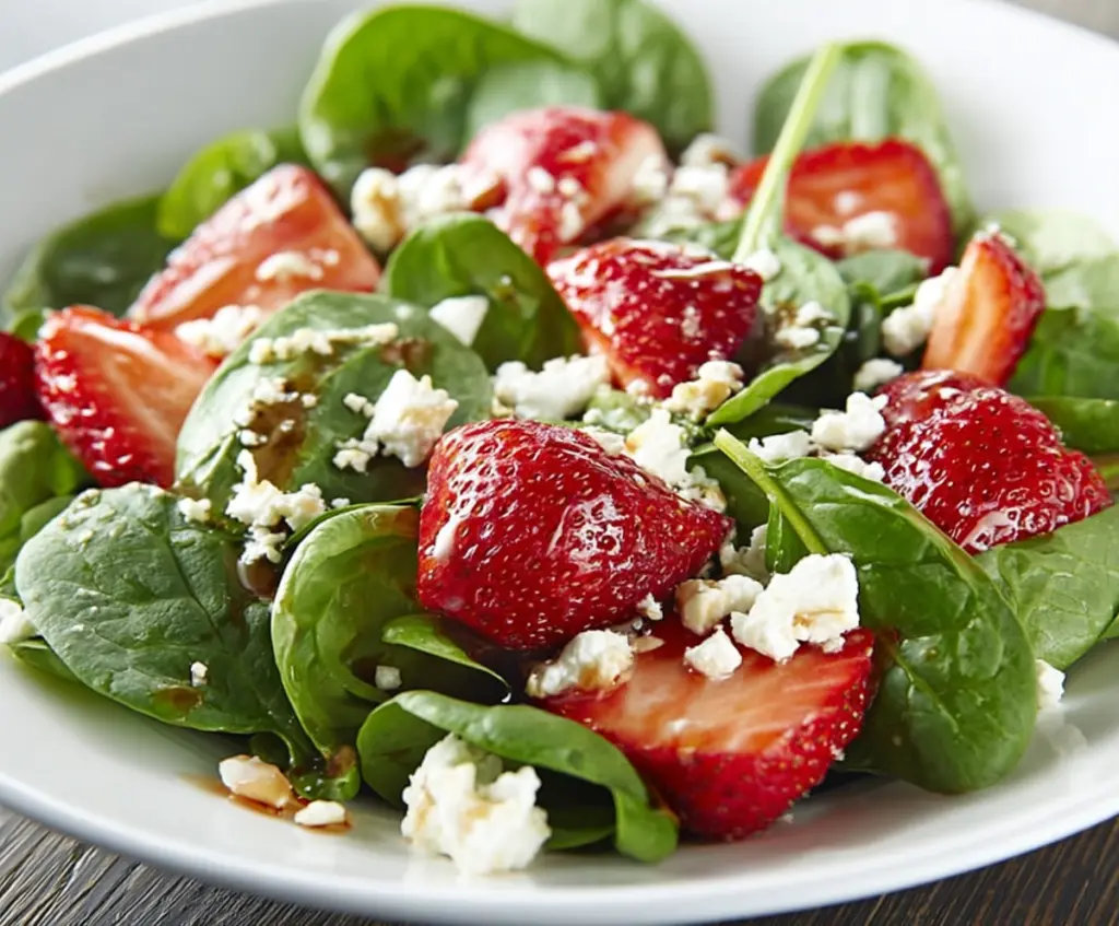 Fresh strawberry spinach salad with creamy goat cheese and crunchy nuts for a healthy lunch or dinner.