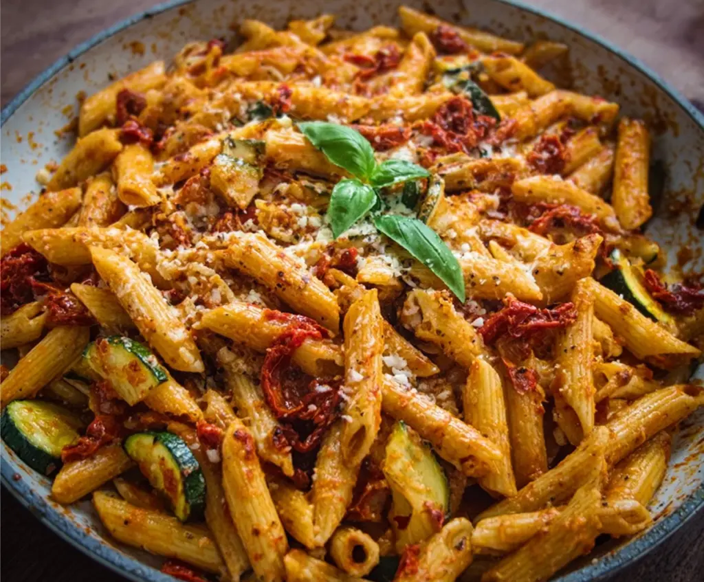 Delicious sun-dried tomato pasta served on a plate with fresh basil and grated cheese.