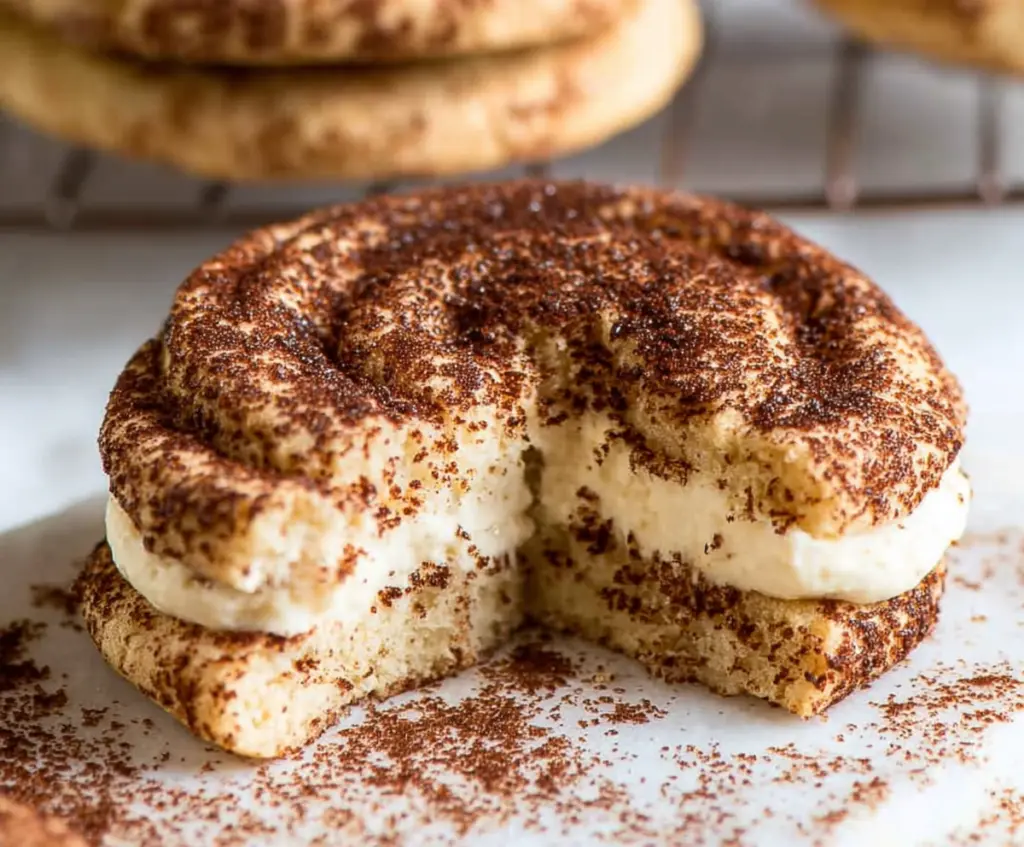 Delicious Tiramisu Cookies with layers of coffee and mascarpone filling on a plate.